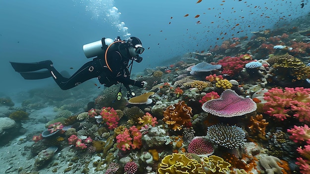 Unterwasseransicht eines Tauchers, der ein Korallenriff erforscht. Der Taucher ist von farbenfrohen Fischen und Korallen umgeben.