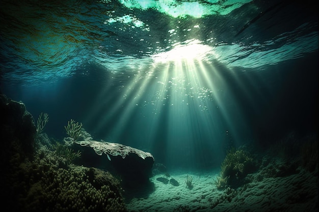 Unterwasseransicht mit Sonnenlicht, Sonnenstrahl und Fischen im Hintergrund filmisch