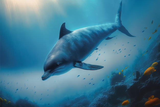 Unterwasseraufnahme eines tauchenden Delfins Generative KI