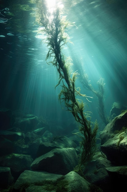 Unterwasseraufnahme von Algen, die sich in der Strömung wiegen, erstellt mit generativer KI