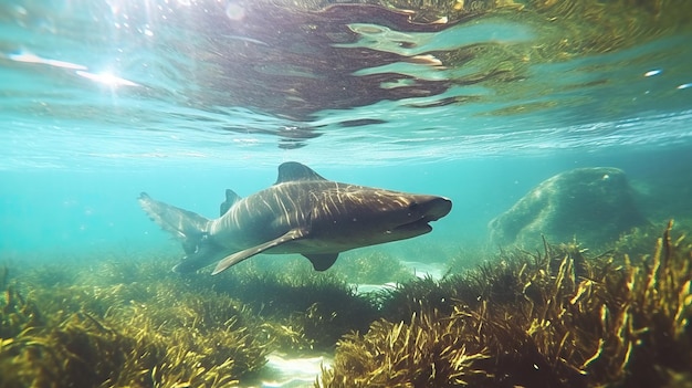 Unterwasserfoto eines Hais, der im Ozean schwimmt. Generative KI