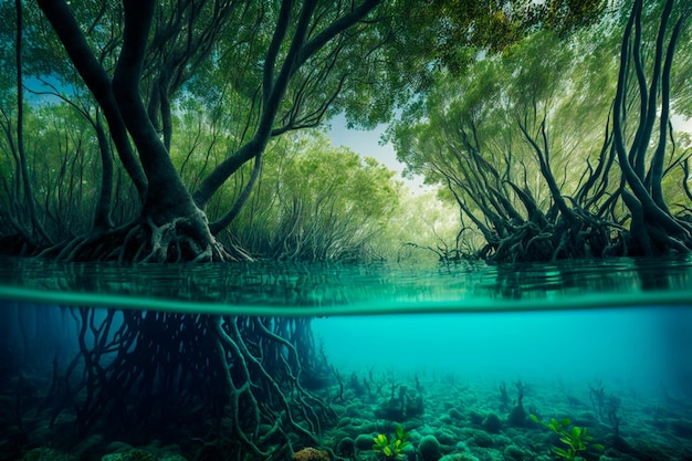 Unterwasserfoto eines Mangrovenwaldes mit überfluteten Bäumen. Generative KI