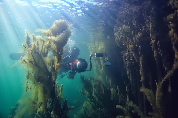 Unterwasserfotograf mit Kamera, Taucher Hobby spezielles Unterwasserboxen mit Kamera