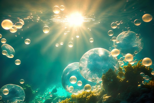 Unterwasserhintergrund Blasen der Wasseroberfläche Unterwasserblasen des Sonnenlichts