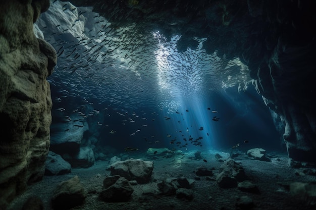 Unterwasserhöhle mit durch generative KI geschaffenen Fischschwärmen, die durch das Wasser schwimmen