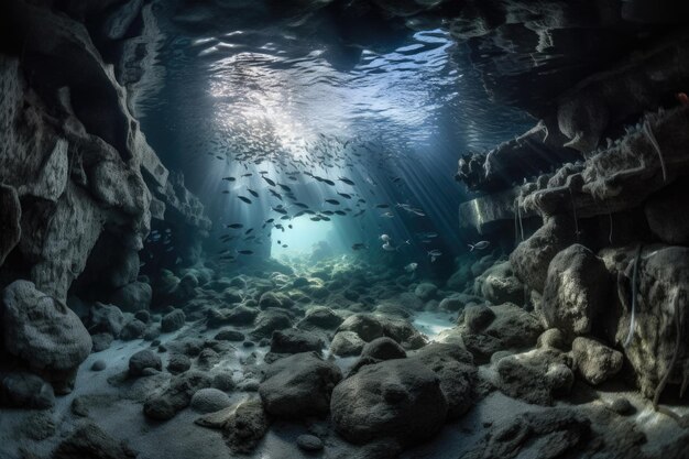 Unterwasserhöhlensystem mit komplizierten Formationen und Fischschwärmen, die mit generativer KI erstellt wurden