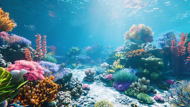 Unterwasserkorallenriff mit leuchtenden und farbenfrohen Korallen und tropischen Fischen