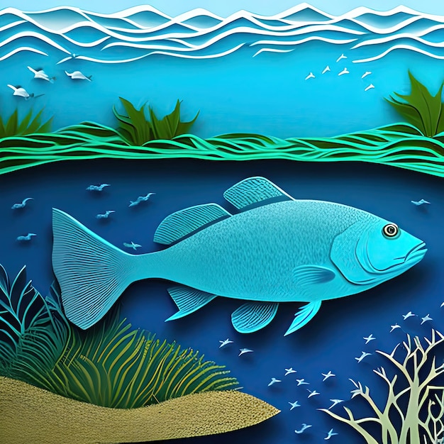 Unterwasserleben aus Papier mit Fischen Tiefblaues Tauchkonzept für Meereslebewesen aus Papier