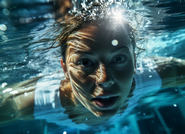 Unterwasserporträt einer Frau Mädchen, das sich im Schwimmbad amüsiert Sommerferienkonzept