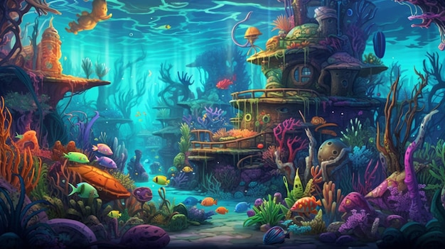 Unterwasserszene mit einer versunkenen Burg und Korallen