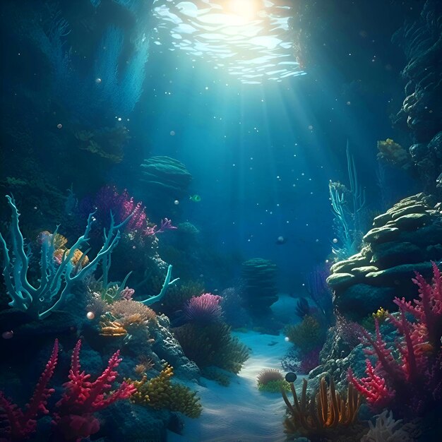 Unterwasserszene mit Korallen und tropischen Fischen 3D-Render