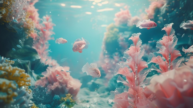 Unterwasserszene mit schwimmenden Objekten Surrealistische Korallenriffe