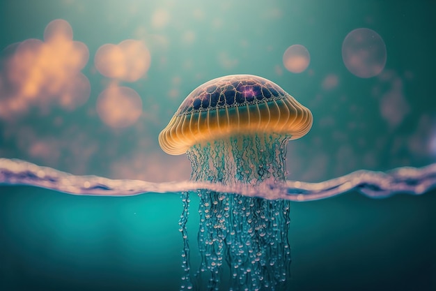 Unterwasserszene von Quallen, die in Sonnenstrahlen unter der Meeresoberfläche schwimmen