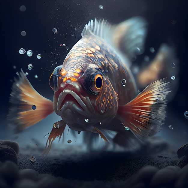 Unterwasserwelt Fische auf dunklem Hintergrund 3D-Rendering