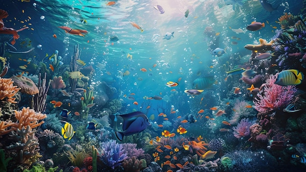 Unterwasserwelt Korallen Meeresleben Fische helle Farben natürliche Umwelt Flora und Fauna Sonnenstrahlen Wasser Aqua Meer Ozean realistischer Stil Generativ von KI