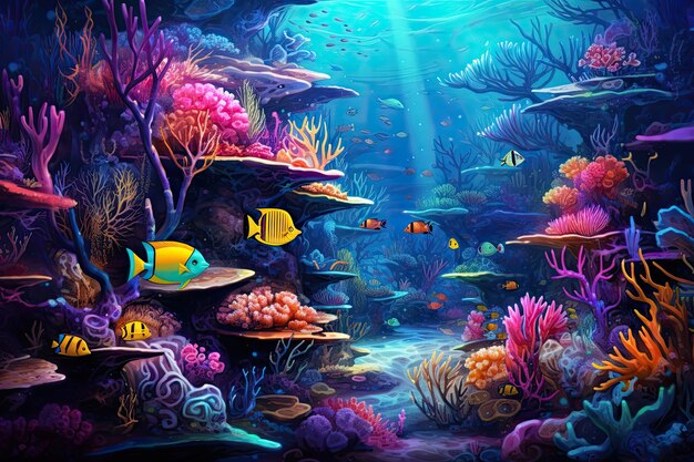Unterwasserwelt mit Korallen und tropischen Fischen 3D-Illustration AI Generated