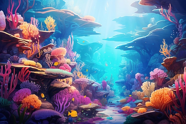 Unterwasserwelt Türkis Korallenriffe blaue Algen lila Schwämme gelb rosa Fische Ma