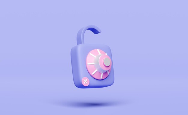 Unverschlossenes Vorhängeschloss-Symbol mit Passwort unsicher isoliert auf lila Hintergrund Sicherheit Datenschutz minimales Konzept 3D-Illustration oder 3D-Rendering