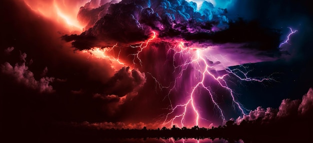 Unwetter mit starkem Blitz Nachthimmel Generative KI