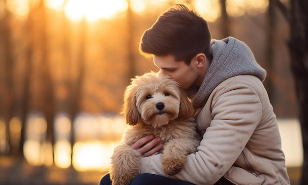 Unzerbrechliche Bindung Ein Mann kuschelt liebevoll seinen Hund