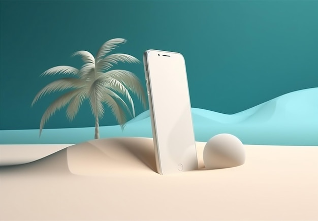 Up Mock-Konzept Sommer kreativ Cyber Sand Urlaub Meer Telefon Palme Generative KI