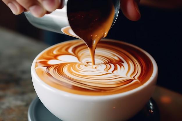Up shot de uma barrister39s mãos habilmente derramando arte latte sobre a superfície de uma xícara de café minimalista AI geradora