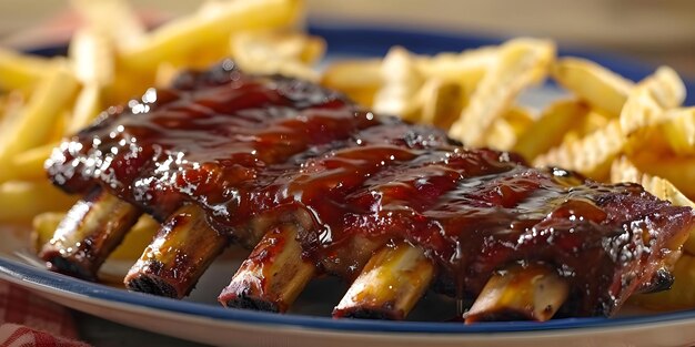 UpClose Mira las deliciosas costillas de barbacoa ahumadas con salsa de miel caramelizada y patatas fritas Concepto Fotografía de comida costillas de barbecuas salsa de mel fritas tomas de primer plano