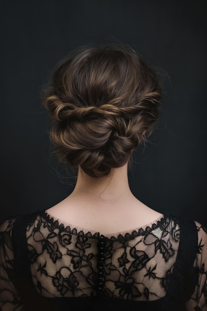 Updo feminino sofisticado com fechaduras torcidas em um fundo escuro mostrando a complexidade do desenho do cabelo