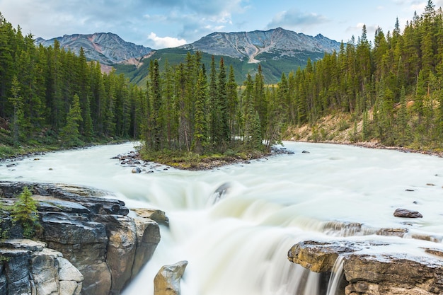 Upper Sunwapta Falls en el Parque Nacional Jasper, Canadá. El agua proviene del glaciar Athabasca. Larga exposición.