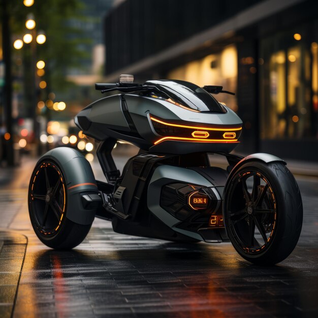 Urban Commuter ThreeWheeler com integração de IA Imagine um veículo urbano de três rodas projetado