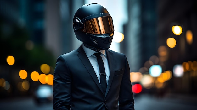 Hombre serio con ropa de moto y casco colores negros generado por ia