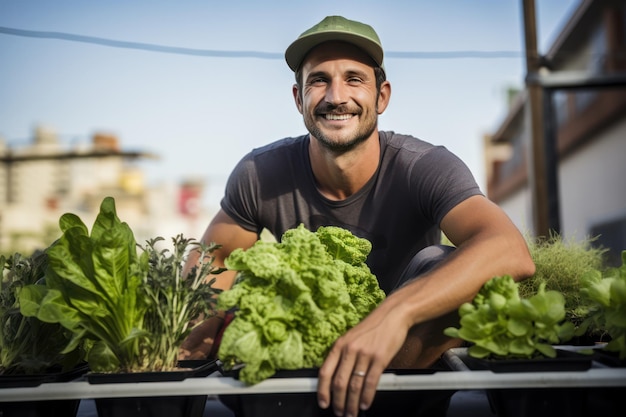 Urban Farmer präsentiert auf Dächern angebaute Kräuter, die lokale und nachhaltige Lebensmittel unterstützen