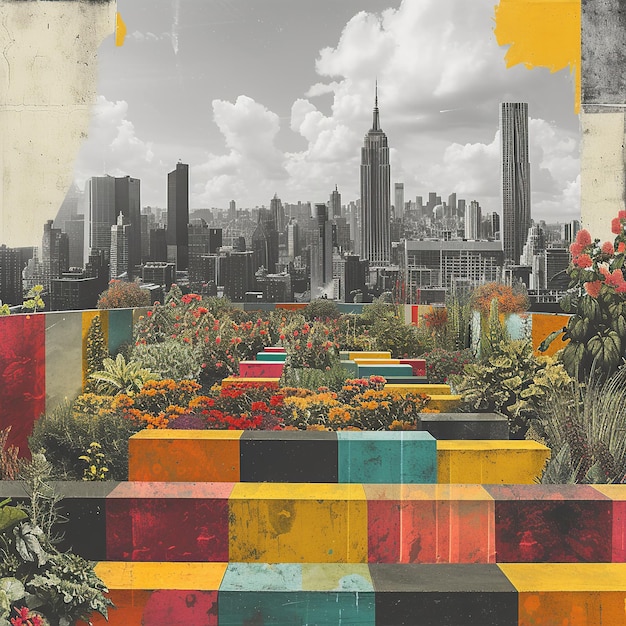 Foto urban garden am city skyline art collage (colagem de arte do horizonte da cidade)
