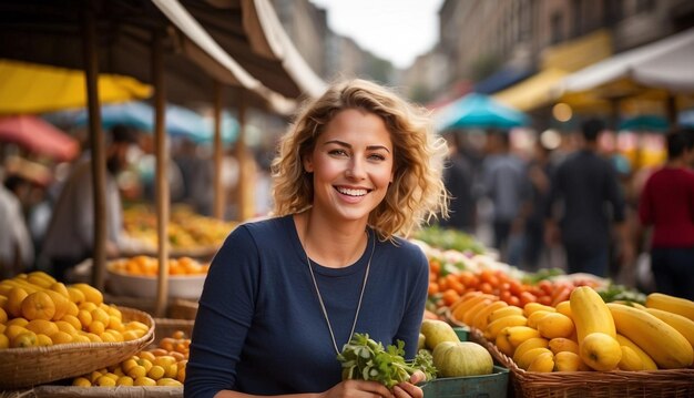 Urban Harvest Beauty Porträt eines Mädchens inmitten des Trubels eines städtischen Gemüsemarktes, das Lebendigkeit und Frische im Herzen der Stadt einfängt