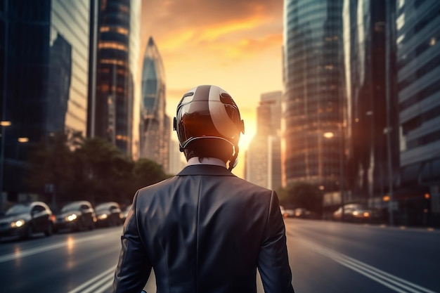 Urban Journey Geschäftsmann mit Helm auf langer Straße in der Stadt Generative KI