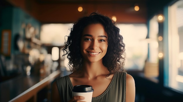 Urban Morning Bliss Junge Frau genießt Kaffee in einem trendigen Café