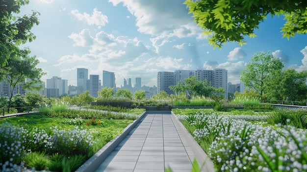 Urban Park Walkway mit grünem Dachgarten im Hintergrund