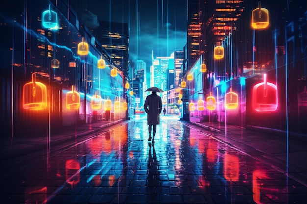 Urban Rainy Day Um homem passeando com um guarda-chuva em uma rua da cidade IA generativa