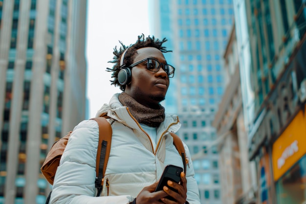 Urban Vibes Homem negro elegante caminhando com celular e fone de ouvido na paisagem urbana