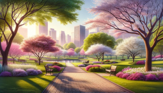 Urbane Frühlings-Oase Kirschblüten und grüne Wege in der Stadt