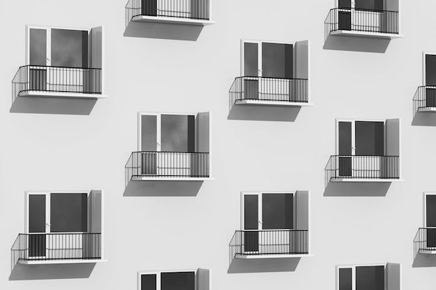 Urbanes Lebenskonzept. Reihen von Balkonen auf dem modernen Gebäude extreme Nahaufnahme. 3D-Rendering