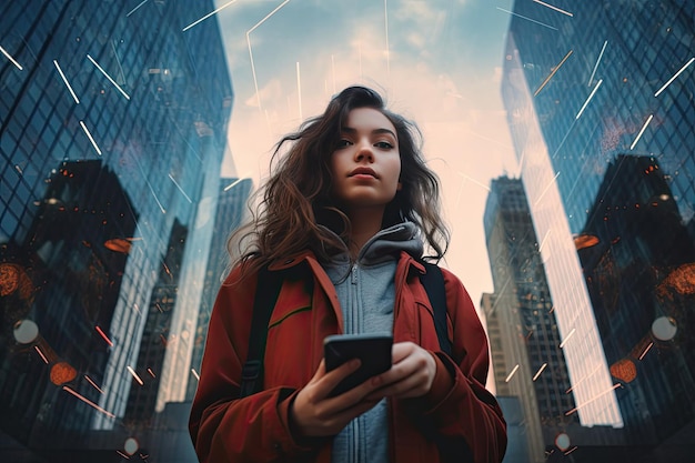 Urbanes Selfie-Mädchen posiert vor einem ikonischen Stadtgebäude für einen atemberaubenden Schnappschuss