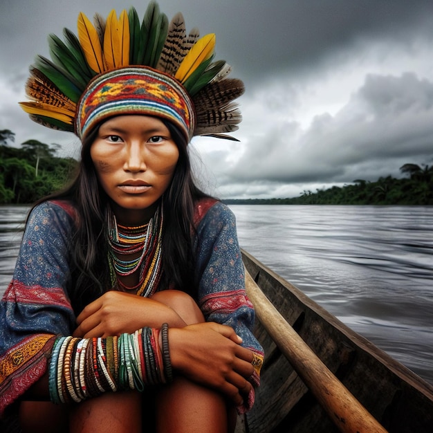 Ureinwohner des Amazonas im Kanu auf dem Fluss