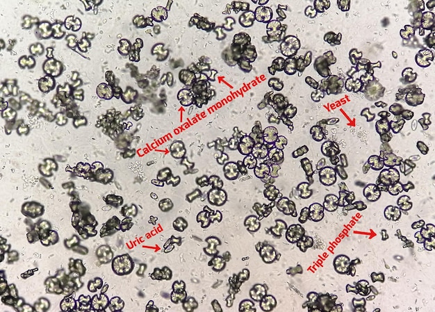 Foto urinálise microscópica mostrando monohidrato de oxalato de cálcio, ácido úrico e cristal de fosfato triplo