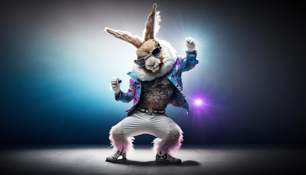 Urkomischer Osterhase, der auf der Bühne für die Osterfeierlichkeiten tanzt. KI-generativ