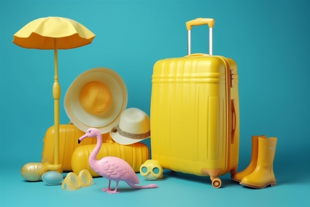 Urlaub, Party, Koffer, Sommer, Flamingo, Gelb, Konzept, Reisen, Blau, Sonnenbrille, Hintergrund, Generative KI