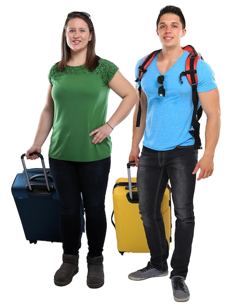 Urlaub Urlaub junge Menschen mit Gepäck Reisen Reisen lächelnd isoliert