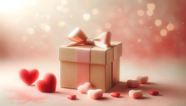 Urlaubs-Hintergrund Valentinstag mit Geschenk-Box Bogen mit Herzen Bokeh in pastellfarbenen Pfirsich-Fuzzern