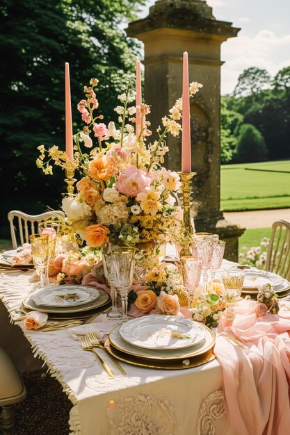 Urlaubs-Tischlandschaft goldene formelle Tischgestaltung Tischlandschaft mit goldener Dekoration für Hochzeitsfeiern und Veranstaltungsfeiern generative ai