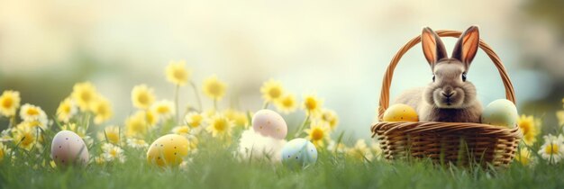 Urlaubsfeierbanner mit süßem Osterhase mit dekorierten Eiern und Frühlingsblumen auf der grünen Frühlingswiese Kaninchen in der Landschaft Glücklicher Oster-Grüßkarte Banner festlicher Hintergrund Kopieren Sie Platz